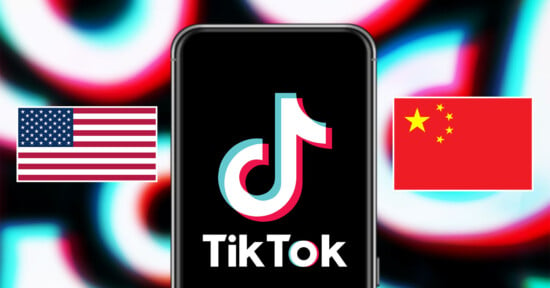 Smartphone displaying the tiktok logo centered on the screen, flanked by the us flag on the left and the chinese flag on the right, against a vibrant, blurred background.