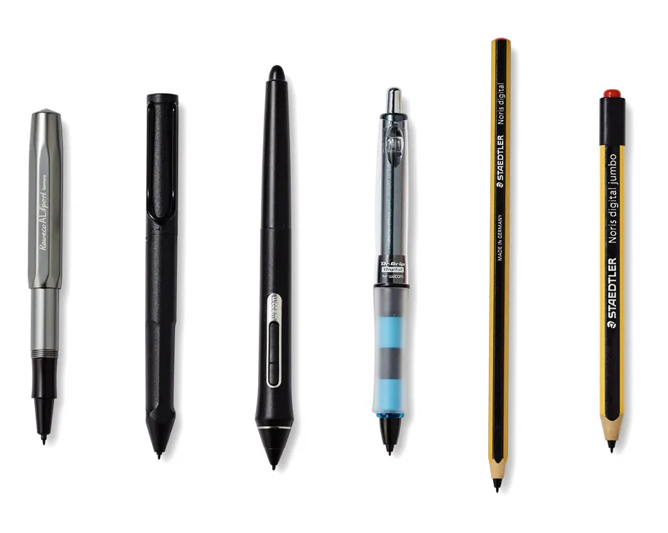 Five assorted pens and pencils laid out horizontally on a white background, including a mechanical pencil and a highlighter.