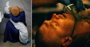 Split image: left, person in a blue dress and headscarf seated in a corner mourning; right, a man receiving oxygen through a mask, eyes closed.