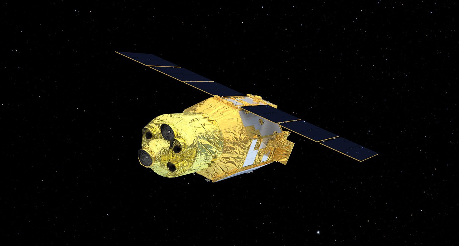 A digital illustration of a gold-colored satellite with large solar panels on each side, moving through space against a starry black background.