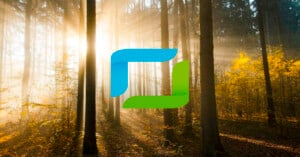 Sunlight filters through a misty forest, illuminating trees and casting long shadows. an abstract blue and green logo overlays the scene on the left side.