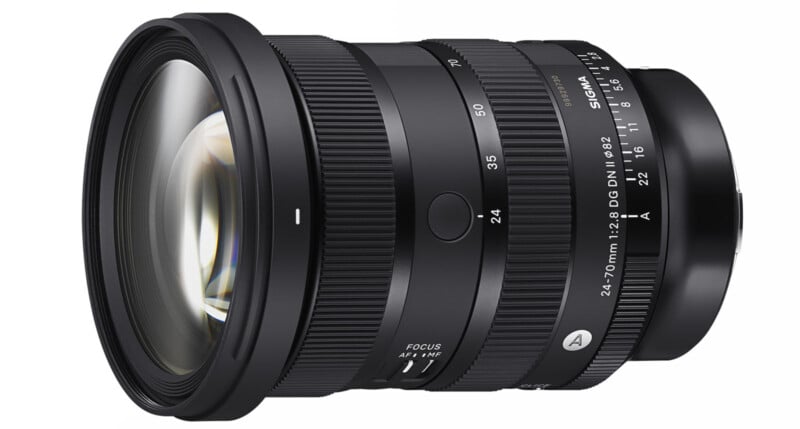 A black Sigma 24-70mm f/2.8 DG DN Art Series camera lens with various focal length markings ranging from 24mm to 70mm. The lens features a robust design with a focus switch for AF/MF, zoom, and aperture rings, showcasing high-quality optics.