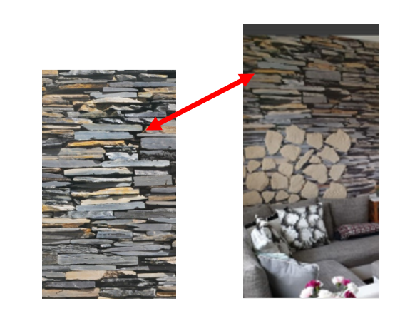 A comparison of a stone wall panel and a living room featuring a similar stone wall. The left shows a close-up of the stacked stone design, while the right image displays the wall in a room with a grey couch and floral pillows, highlighted by a red arrow for emphasis.