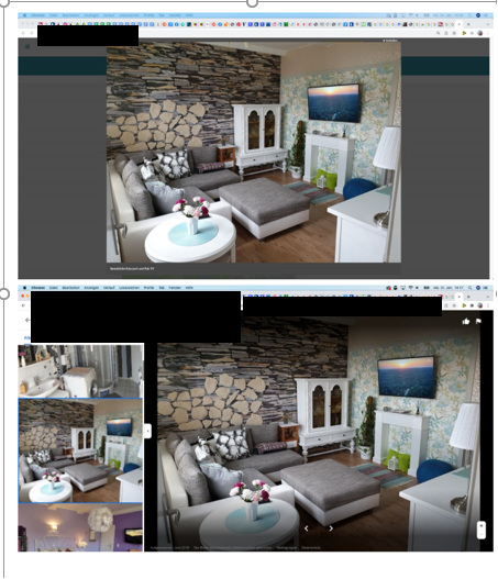 A screenshot features a living room with stone accent walls and a TV above a white fireplace. The room has gray and white furniture, green accents, and contemporary decor. Multiple image thumbnails are visible, displaying different angles of the same living room.