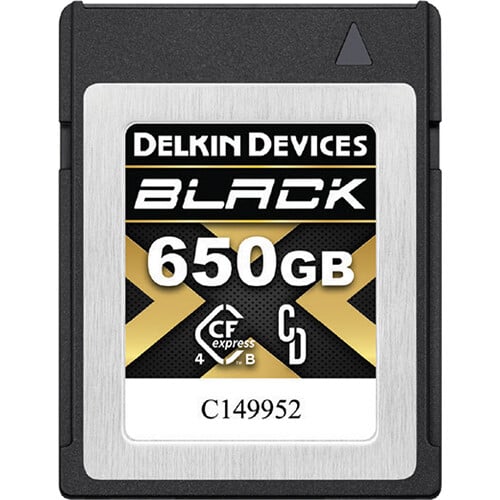 A delkin devices cfexpress memory card with a black and yellow design, labeled "650gb", used for high-speed data storage.