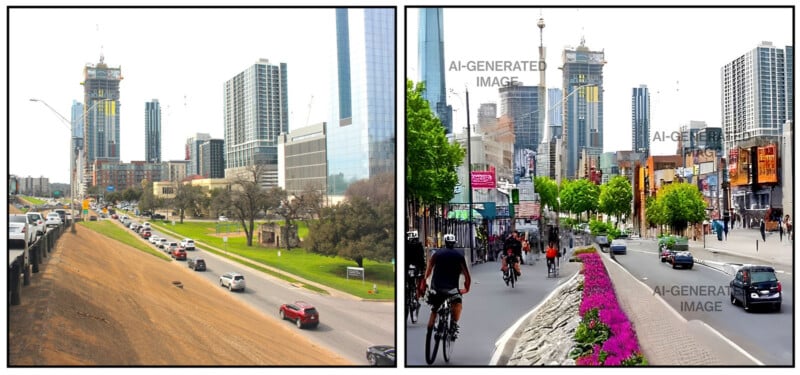 A split image comparing two urban landscapes: on the left, a developing city area with ongoing construction and traffic; on the right, a vibrant street lined with flowers, pedestrians, and cyclists, marked as AI-generated.