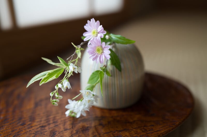 A small bouquet of delicate pink and white flowers with green leaves in a simple, striped vase placed on a wooden surface. The background is softly focused, highlighting the floral arrangement as the focal point.