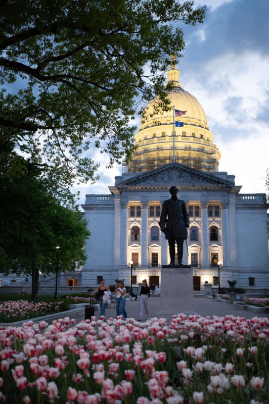 Group of people gather near a statue surrounded by blooming tulips in front of the illuminated Wisconsin State Capitol at dusk. The sky is partly cloudy, and the building's golden dome contrasts against the evening sky. Trees frame the scene.