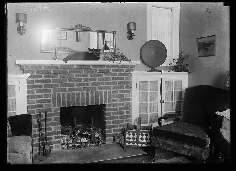 A cozy living room with a brick fireplace. A black cat sits atop the mantel, which has small plants and a framed mirror reflecting the cat. To the right, a large armchair and a circular-shaped radio are visible. Fireplace tools and a wood holder are to the left.