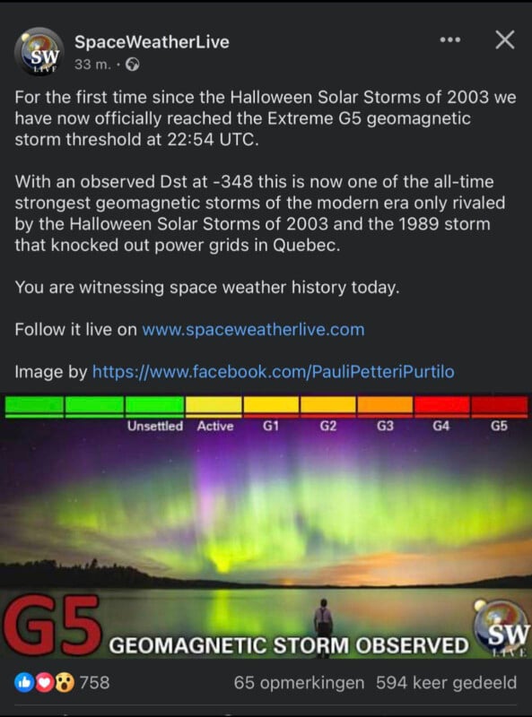 An infographic from SpaceWeatherLive showing geomagnetic storm scales with levels G1 to G5, indicating a G5-level storm occurred, surpassing previous records. The bottom of the image displays a vivid aurora.