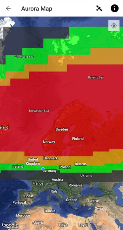 An interactive map displaying the aurora borealis visibility. Areas are color-coded indicating intensity from red (high) to green (moderate) across northern Europe and surrounding bodies of water.