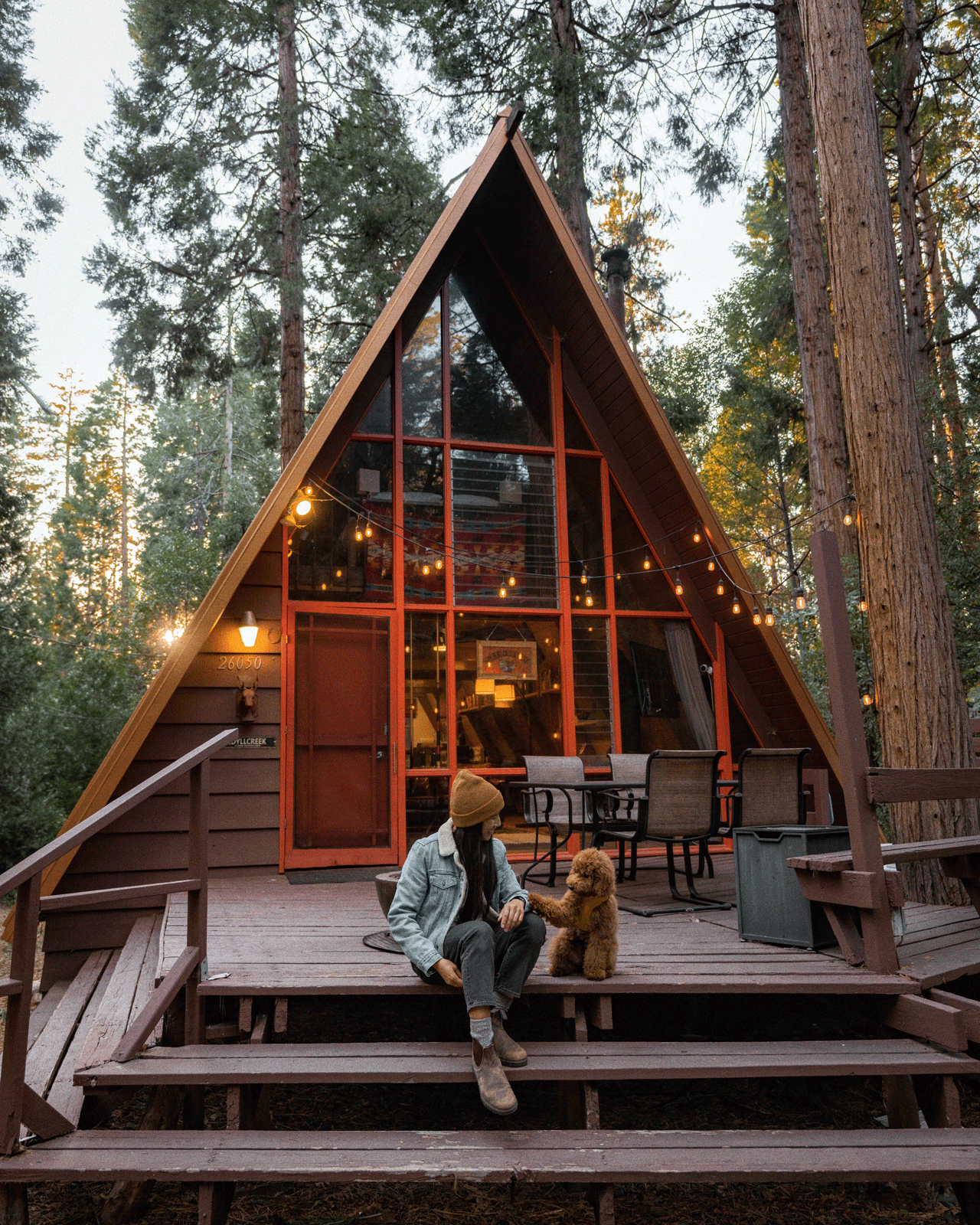 A person wearing a hat and jacket sits on the wooden steps of an A-frame cabin in a forest, petting a dog. The cabin has large windows and string lights hanging around the front porch area. Tall trees surround the cabin, creating a serene and cozy atmosphere.