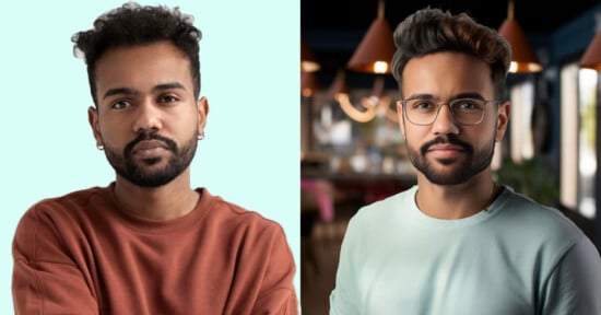 Split image featuring two individuals. On the left, a person with short curly hair, a beard, and earrings, wearing a brown sweatshirt, stands against a light blue background. On the right, a person with glasses and a different hairstyle, wearing a light shirt, stands in a warmly lit indoor setting.