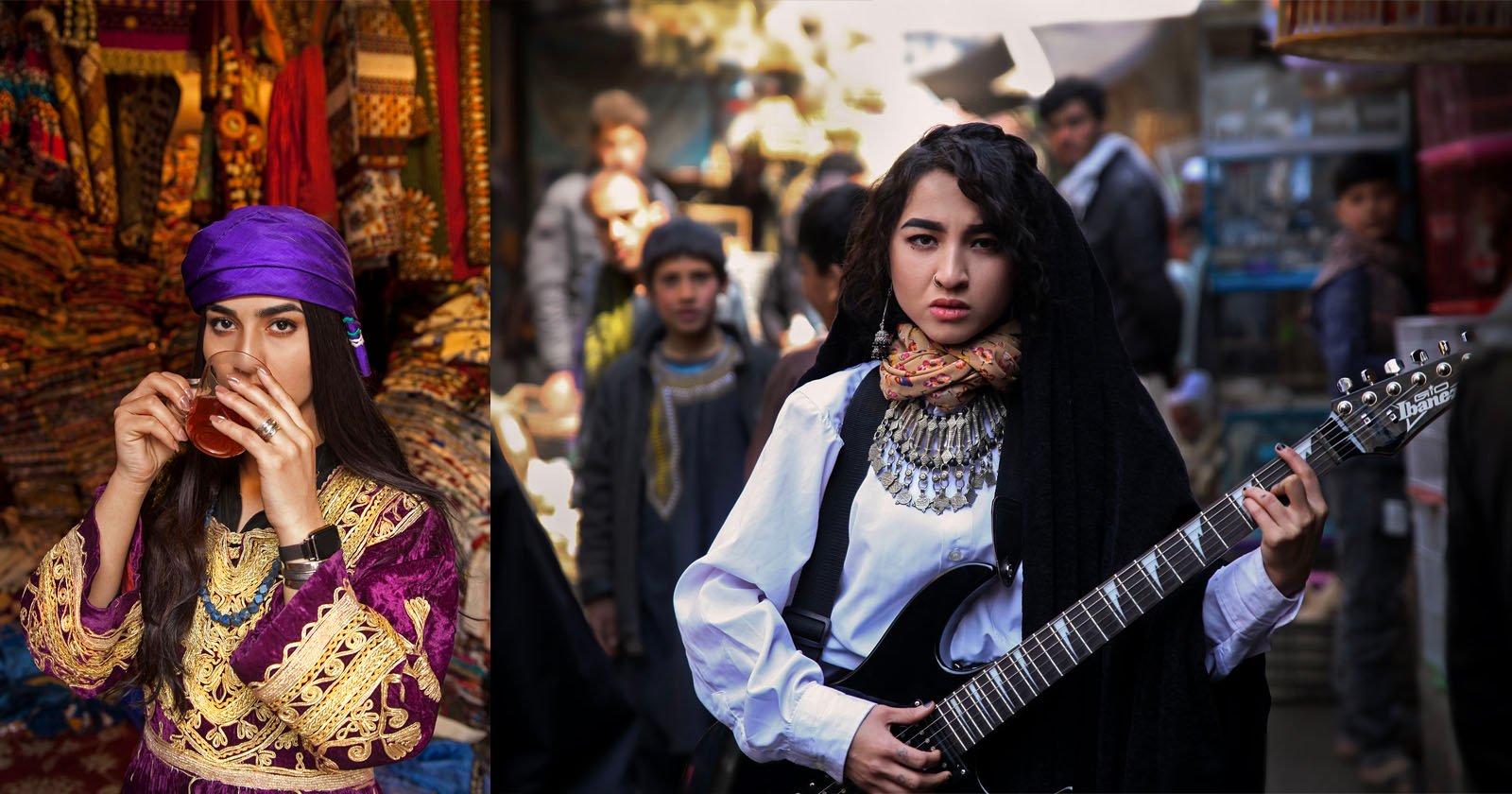Two women are in distinct traditional settings. On the left, a woman dressed in ornate traditional attire holds a musical instrument to her lips. On the right, another woman stands in a vibrant market, wearing traditional jewelry and holding an electric guitar.