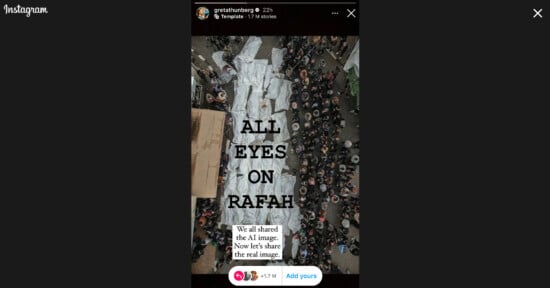 An aerial view of a large crowed surrounding multiple stretchers covered with white shrouds. Text overlay reads, "ALL EYES ON RAFAH. We all shared the AI image. Now let's share the real image." An Instagram sticker with "Add yours" is at the bottom.