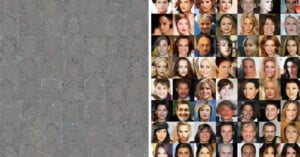 A collage featuring numerous photos of diverse faces in a grid layout, showcasing various expressions and features against a white background. The left side of the image has a plain textured gray background.