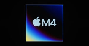 Logo featuring an apple icon with the text "m4" on a gradient blue background, framed within a white square against a dark setting.