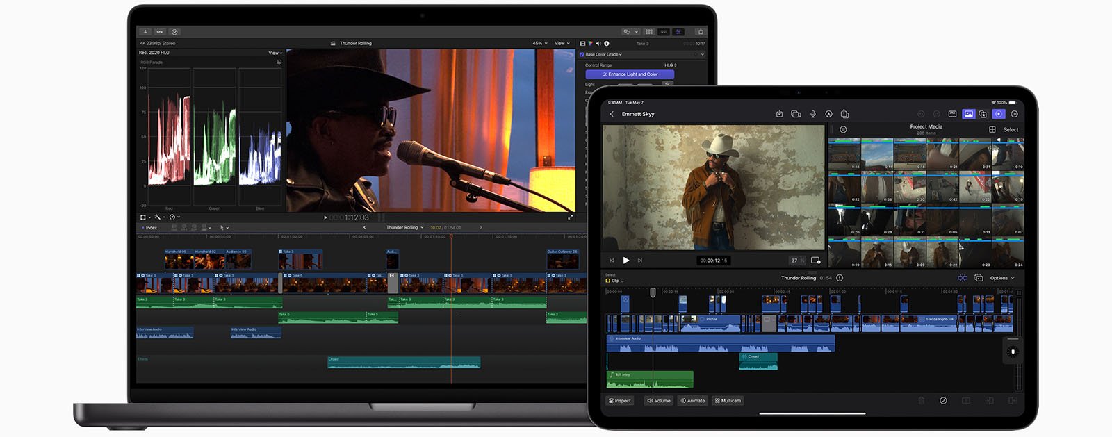 Two devices displaying video editing software with timelines and clips: a laptop editing a film scene with an officer, and a tablet showing a wild west themed video.