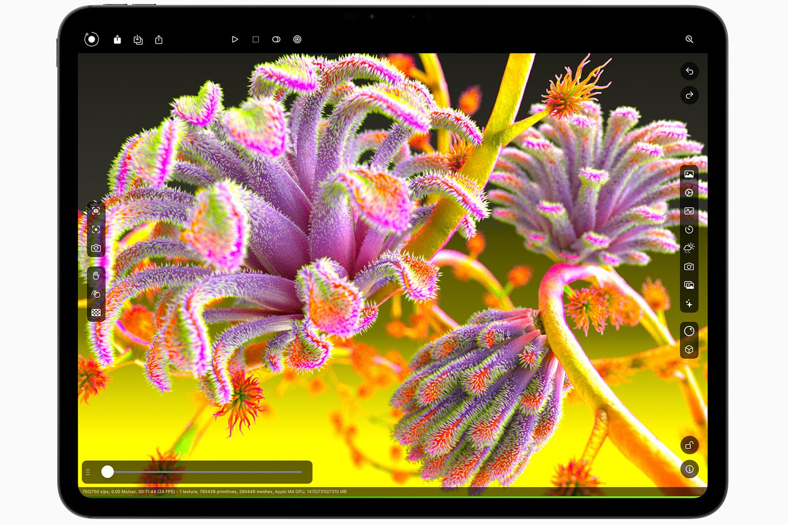 A digital illustration of vibrant purple and green succulent plants displayed on a tablet screen with various editing tools visible along the screen's edges.