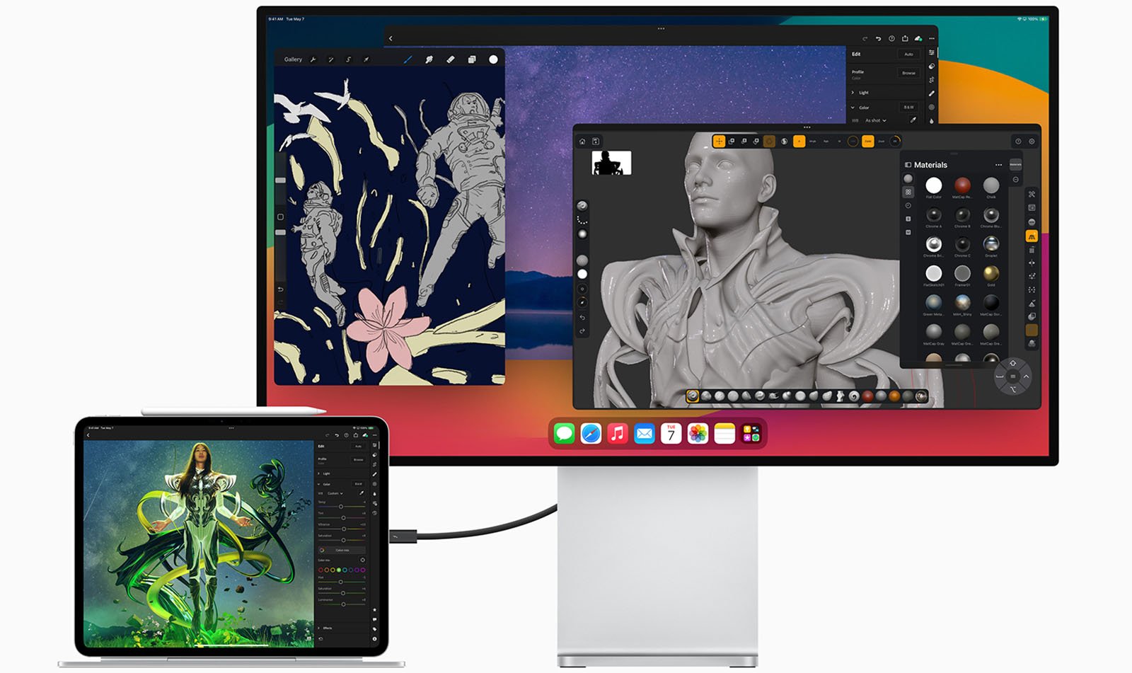 Three apple devices displaying digital art and design software, including a laptop, tablet, and desktop monitor, showcasing graphic illustrations and 3d modeling.
