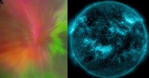 The image is split into two sections. On the left, a vivid display of red, green, and pink aurora borealis lights up the sky. On the right, an enhanced blue-toned image of the Sun shows its glowing surface and active solar phenomena.
