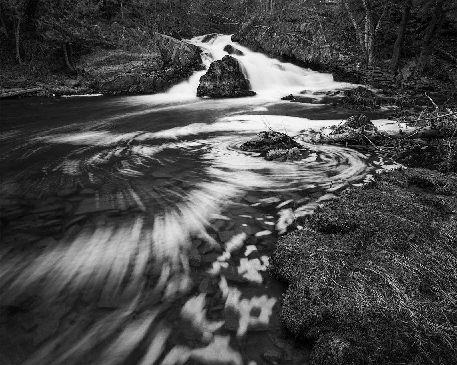 Black and white photo of a flowing stream with cascading rapids swirling around a central rock, bordered by forest and patches of grass.