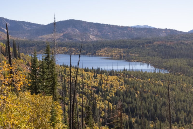 A panoramic view of a serene lake surrounded by lush forests with autumn-colored foliage under a clear blue sky, with mountains in the background.