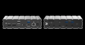 Two views of a compact, rectangular, silver-colored computer docking station with multiple ports. The front view shows ports for HDMI, DisplayPort, USB, audio, and SD cards. The back view features additional USB ports, a power button, and an ethernet port.