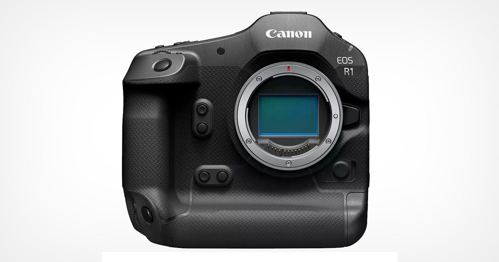 A high-resolution image of the Canon EOS R1 camera, showcasing its black body with the lens mount exposed. The camera features a textured grip, various buttons, and dials. The Canon logo and EOS R1 are visible on the top right front of the camera. The background is white.