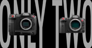 Two Canon cameras are displayed against a black background with the text "ONLY TWO" in large gray letters. Both cameras are front-facing, showcasing their lens mounts. The left camera is larger with a built-in grip, while the right camera is more compact.