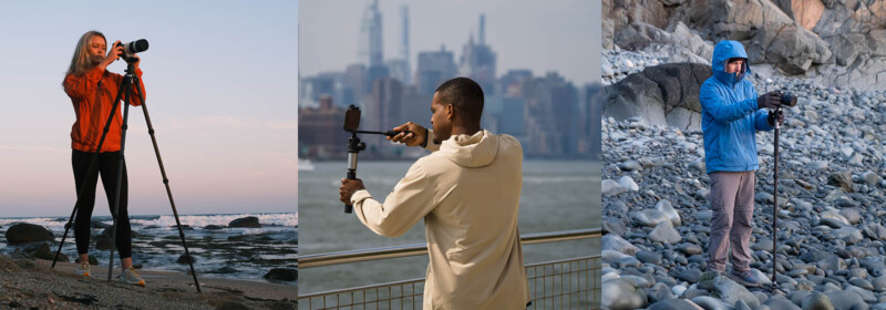 Three individuals are seen using camera tripods in different outdoor settings. The first person is on a beach, the second is by a river with a cityscape in the background, and the third is on rocky terrain. They are all focused on taking photographs.