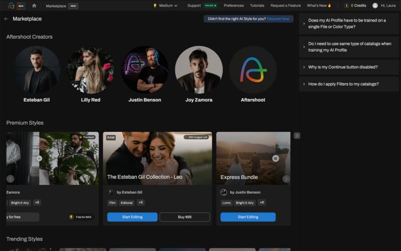 Screenshot of a digital marketplace interface displaying profile images and names of creators, premium styles, trending styles, and a sidebar with options and notifications. The premium styles section highlights "The Esteban Gil Collection - Leo" and "Express Bundle.