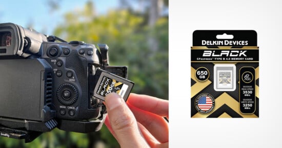 A person's hand inserting a delkin devices black cfexpress type b 650gb memory card into a digital camera, with the memory card's packaging shown on the right.
