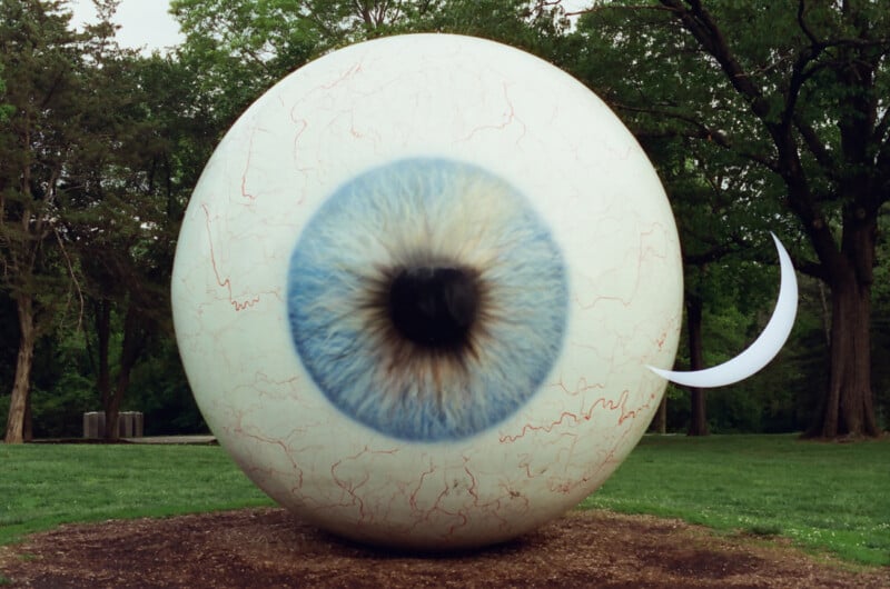 Large outdoor sculpture of a human eye with detailed blue iris and white sclera, accented by a small crescent shape, set against a backdrop of green trees.