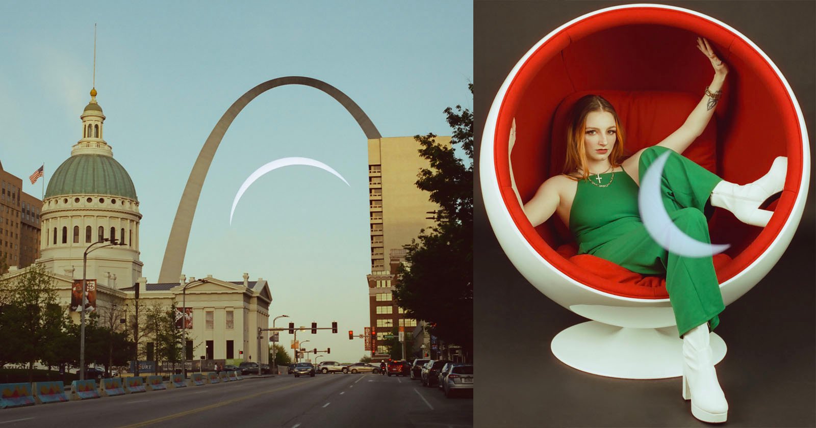A composite image featuring a cityscape with a prominent arch and dome on the left, and a woman in a green outfit lounging inside a spherical, futuristic chair on the right.
