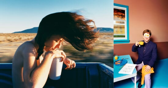 Left side: A person with windblown hair holding a cup rides in the back of a truck in a desert landscape. Right side: A person in a suit with sunny-side-up eggs covering their eyes sits at a colorful table with a cup of orange juice and papers.