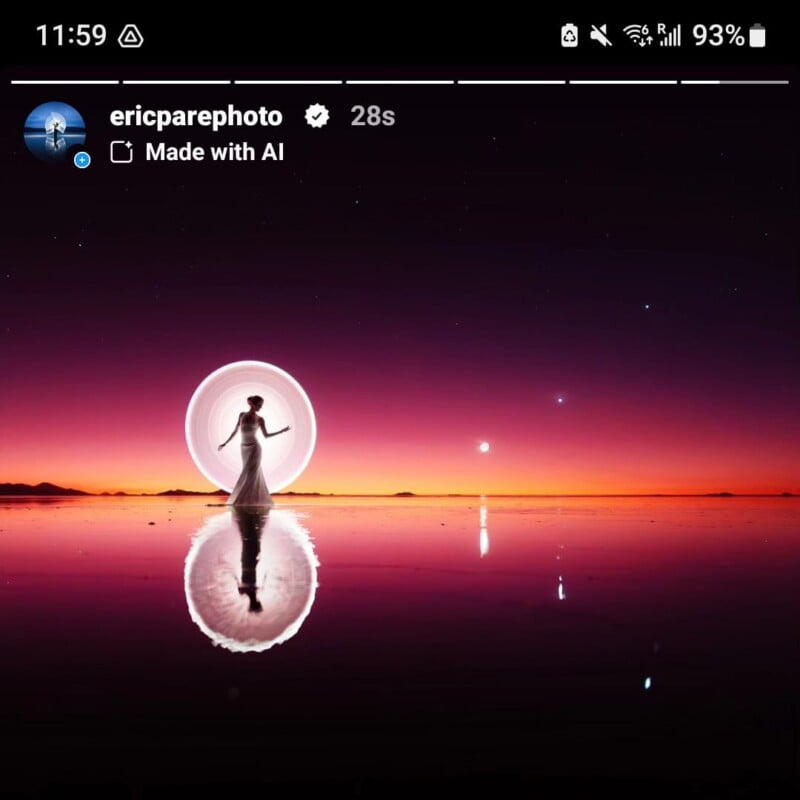A person in a white dress stands on a reflective surface with a vivid sunset and starry sky in the background. They hold a light behind them, creating a circular glow. The caption reads: "ericparephoto, 28s, Made with AI".