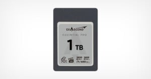 An exascend essential pro 1 tb cfexpress memory card, displaying its capacity and speed details on a plain gray background.
