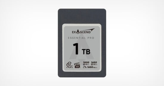 An exascend essential pro 1 tb cfexpress memory card, displaying its capacity and speed details on a plain gray background.