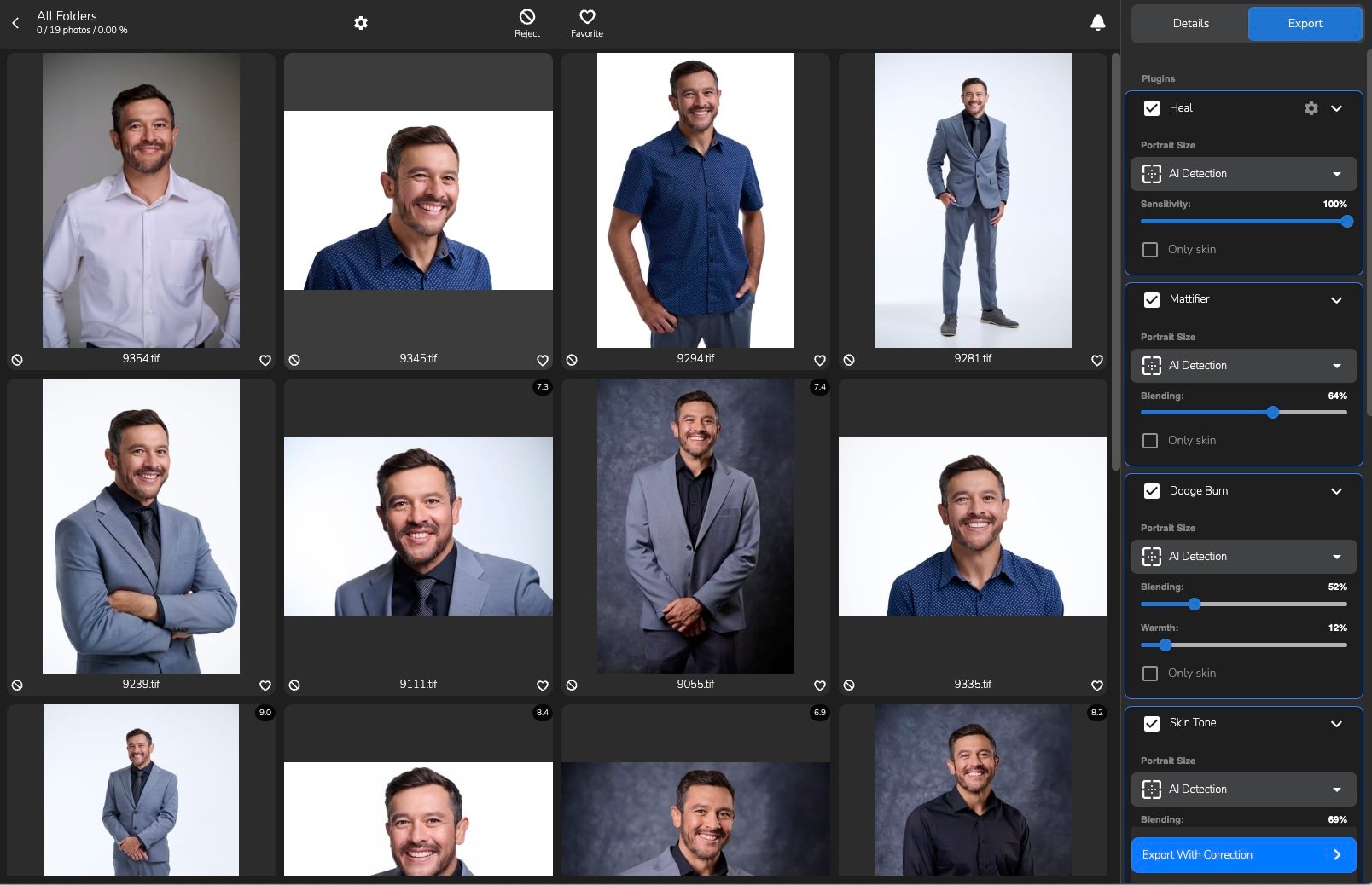 A screenshot of a photo editing software interface showing multiple images of a man in different poses and outfits, mainly wearing suits. The right pane has editing options such as contrast, warmth, and a blue overlay. The upper right corner has an Export button.