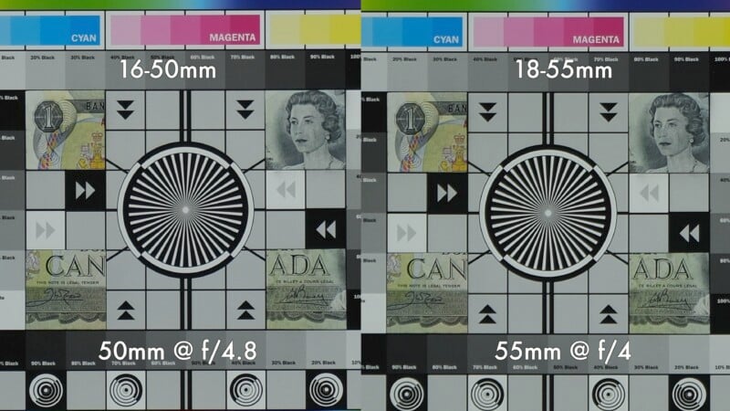 A side-by-side comparison of two camera lens tests. The left image is labeled "16-50mm" at "50mm @ f/4.8," and the right is labeled "18-55mm" at "55mm @ f/4." Both show a detailed test chart with various shapes and currency notes for testing focus and resolution.