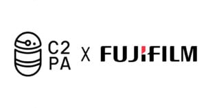 A logo featuring a simplified robot head with "C2PA" written next to it, followed by an "x" and then the "Fujifilm" logo, which has a red triangle symbol incorporated into the "F" letter. The background is white.
