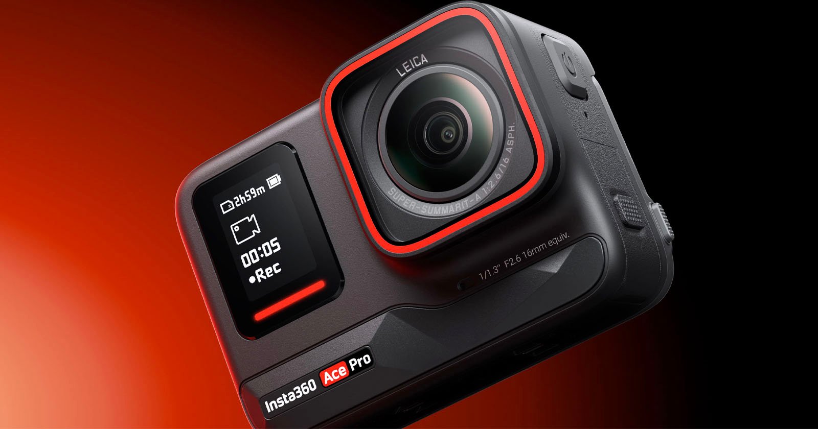 An insta360 ace pro action camera with a leica lens, displayed against a gradient orange and red background. the camera features prominent recording indicators and design elements in red.