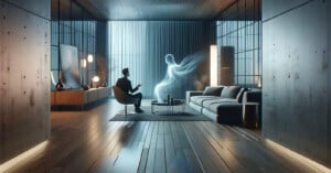 A person in a modern, minimalist living room sits on a chair facing a futuristic, holographic figure. The room is sleek with wooden floors, a large couch, and soft ambient lighting. The scene has a futuristic, high-tech ambiance.