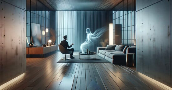 A person in a modern, minimalist living room sits on a chair facing a futuristic, holographic figure. The room is sleek with wooden floors, a large couch, and soft ambient lighting. The scene has a futuristic, high-tech ambiance.