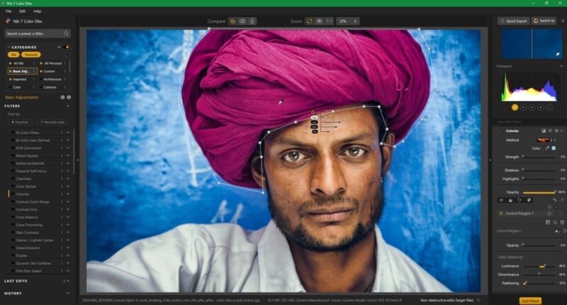 A close-up photo of a man with dark eyes and a beard, wearing a bright pink turban, edited in a photo editing software interface, displaying various toolbars and editing options.