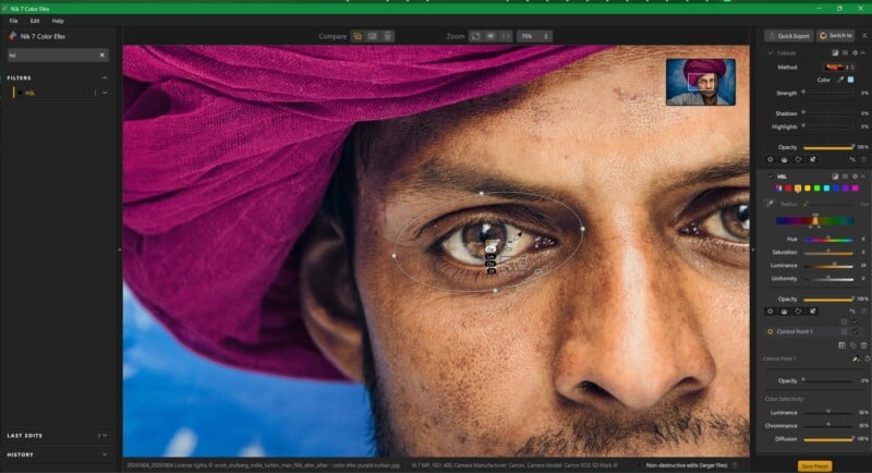 Close-up photo of a man wearing a vibrant purple turban, focusing intently on his intense gaze with detailed reflection in his eye, displayed on a photo editing software interface.
