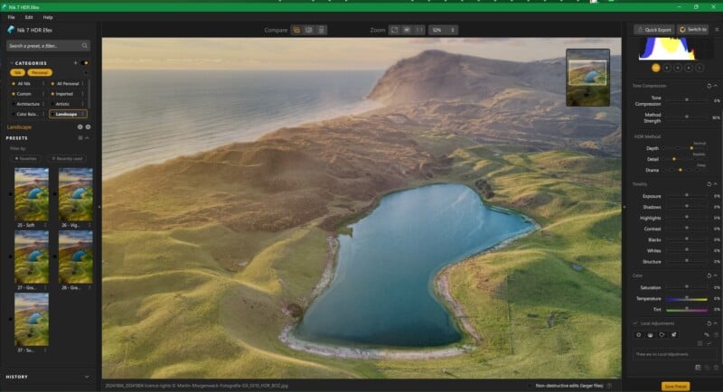 Screenshot of a photo editing software interface showing a landscape image of a lake near a coastline, with editing tools and thumbnails visible on the left.