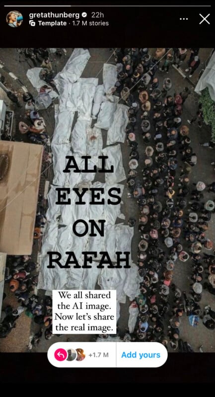 An aerial view of a large, somber crowd gathering around several bodies covered with white sheets. The center text reads, "ALL EYES ON RAFAH." A note at the bottom mentions, "We all shared the AI image. Now let’s share the real image." The post was shared by user gretathunberg.