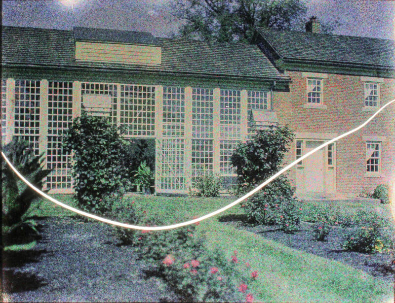An edited photo of a house with lush greenery, showing half the image in a bright, clear style and the other half in a darker, shadowed effect, separated by a curved white line.